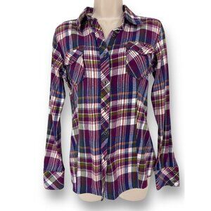 Natural Reflections Purple Plaid Flannel Shirt Slim Fit Size M Small 100% Cotton